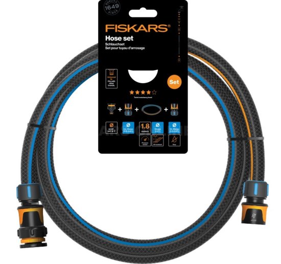 Sada zavlažovací hadice Fiskars 1/2" 1,8m, odolnost Q4 + spojky Sada zavlažovací hadice Fiskars 1/2" 1,8m, odolnost Q4 + spojky