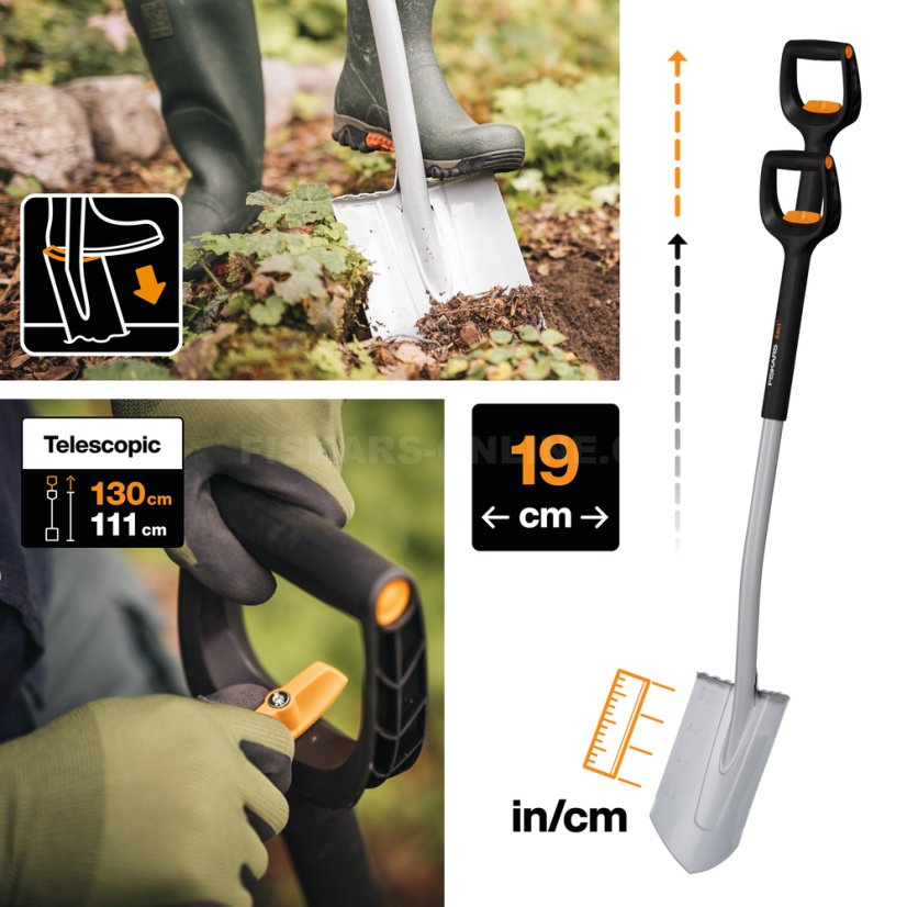 Teleskopický špičatý rýč Fiskars Xact
