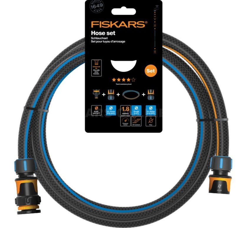 Sada zavlažovací hadice Fiskars 1/2" 1,8m, odolnost Q4 + spojky