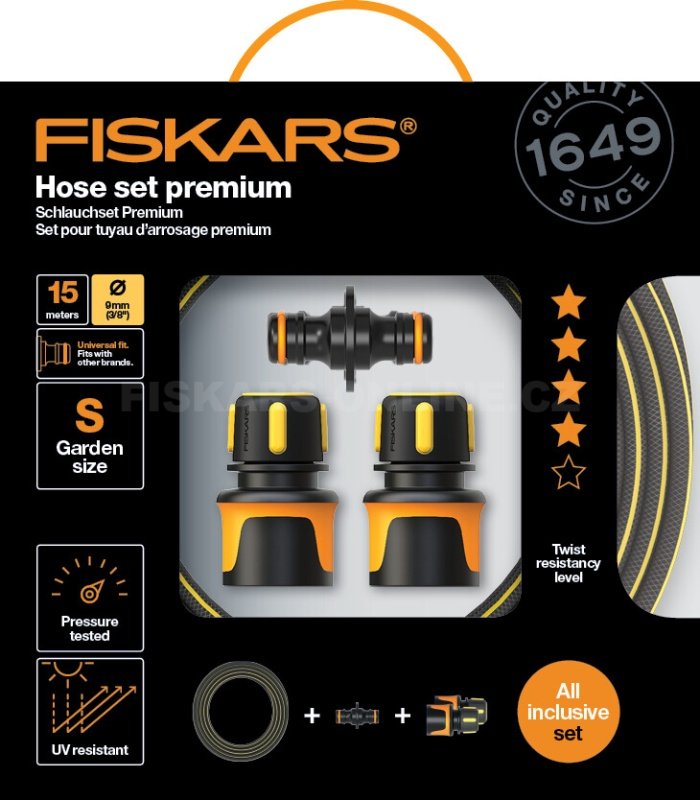Sada zavlažovací hadice Fiskars 3/8" 15m, odolnost Q4 + spojky