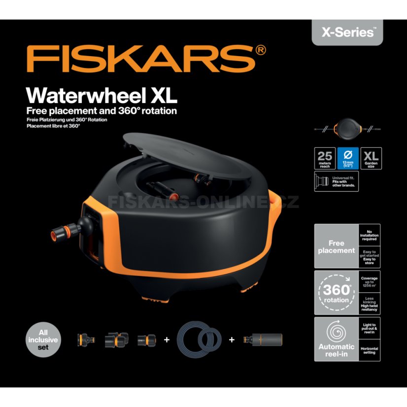 Automatický zavlažovací buben Fiskars XL s hadicí 1/2" dosah 25 m